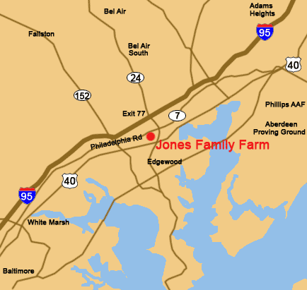 Map to Jones Family Farm Market at 2100 Philadelphia Road (Rt. 7) in Edgewood, Maryland.